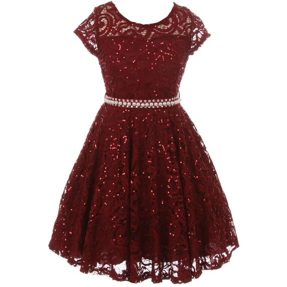 Big Girls' Short Sleeve Lace Glitter Skater Pearl Belt Special Occasion Flower Girl Dress Burgundy 10 (J21KS02)