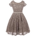 thumbnail image 1 of Big Girls' Short Sleeve Lace Glitter Skater Pearl Belt Special Occasion Flower Girl Dress Charcoal 10 (J21KS02), 1 of 3