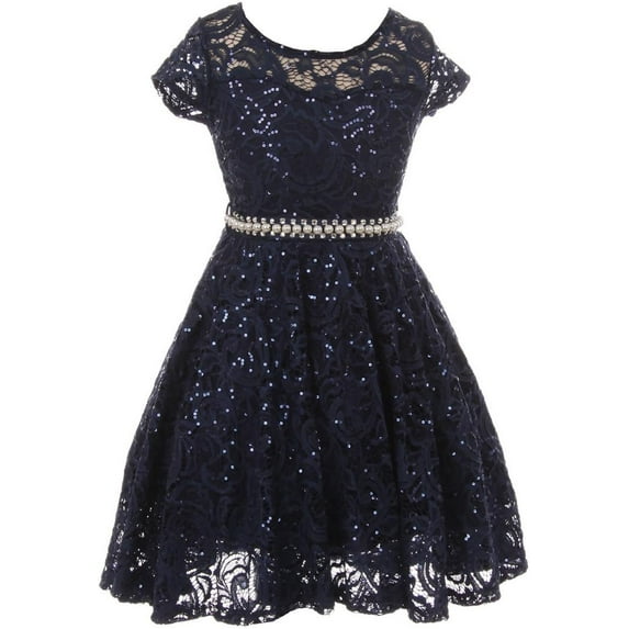 Big Girls' Short Sleeve Lace Glitter Skater Pearl Belt Special Occasion Flower Girl Dress Navy 10 (J21KS02)