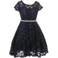 thumbnail image 1 of Big Girls' Short Sleeve Lace Glitter Skater Pearl Belt Special Occasion Flower Girl Dress Navy 12 (J21KS02), 1 of 3