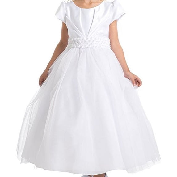 Big Girls' Short Sleeve Pearl Beading Communion Flowers Girls Dresses White 12