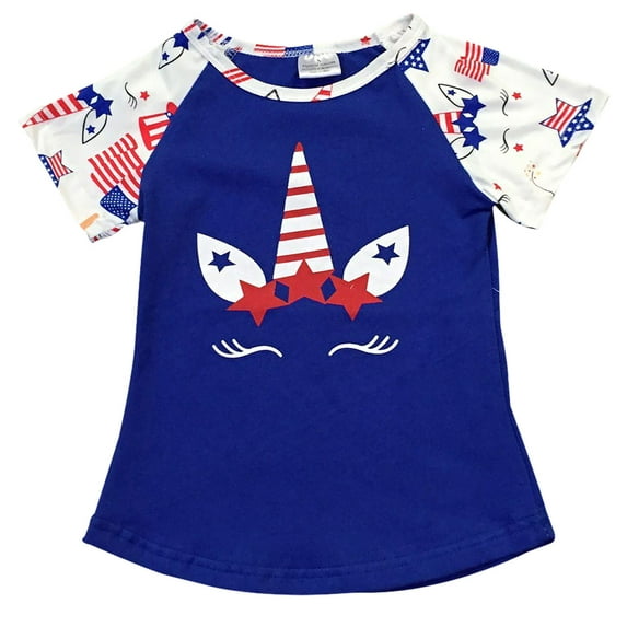 Big Girls' Short Sleeve Unicorn American Flag Patriotic Summer Top T Shirt Tee Blue 6 XL (P501370P)