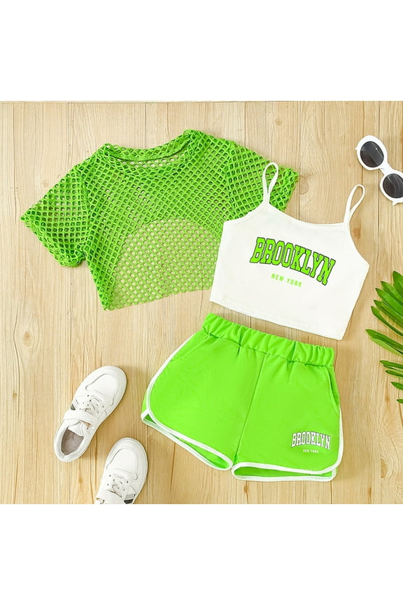 Big Girls Shorts Set Outfits Set Sleeveless Matching Sets Summer 3 Piece Set Loose Fit Top Shorts Combo For Outdoor Activities Comfortable Breathable Playwear Clothes Set Green 13-14 Years