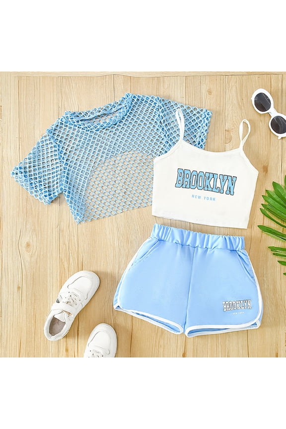Big Girls Shorts Set Outfits Set Sleeveless Matching Sets Summer 3 Piece Set Loose Fit Top Shorts Combo For Outdoor Activities Comfortable Breathable Playwear Clothes Set Light Blue 13-14 Years