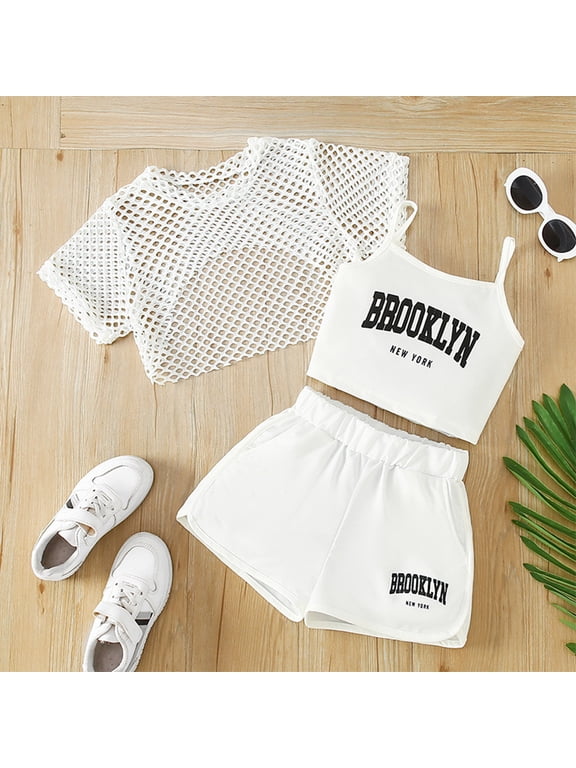 Big Girls Shorts Set Outfits Set Sleeveless Matching Sets Summer 3 Piece Set Loose Fit Top Shorts Combo For Outdoor Activities Comfortable Breathable Playwear Clothes Set White 11-12 Years