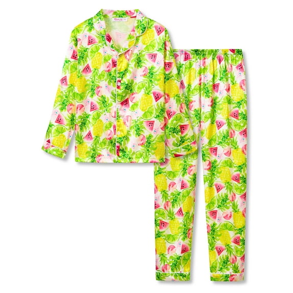 Big Girls Silky Satin Button Up Mutli-Fruit Pajamas – 2 PC Long Sleeve Kids PJ Pants Set Jammies Size 10