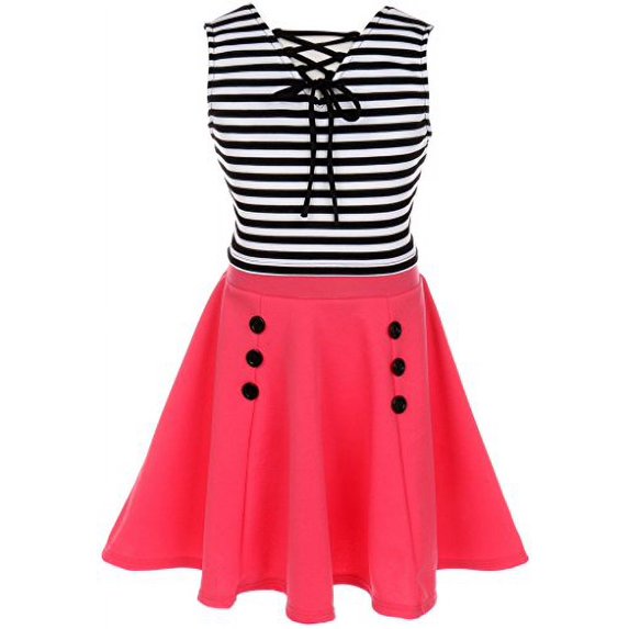 Big Girls' Skirt Set Dress Ottoman Striped Crop Top Flyer Skirts Easter Casual Girl Dress Coral 12 (J20KS74)