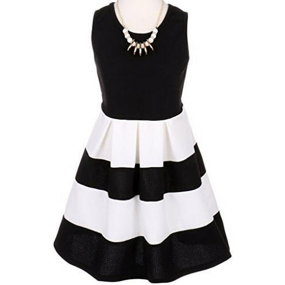 Big Girls' Sleeveless Dress Color Block Striped Summer Special Flower Girl Dress Black 8 (J20KS77)
