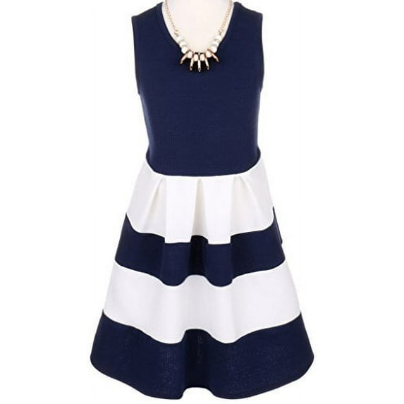 Big Girls' Sleeveless Dress Color Block Striped Summer Special Flower Girl Dress Navy 14 (J20KS77)