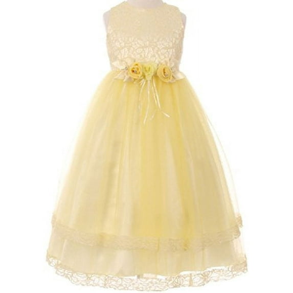 Big Girls' Sleeveless Dress Lace Trim Flowers Corsage Rhinestone Easter Flower Girl Dress Yellow 8 (C50C25C)