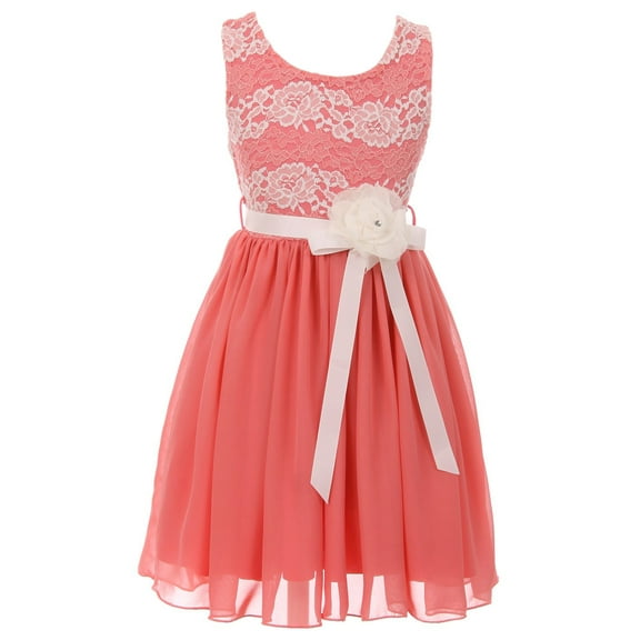 Big Girls' Sleeveless Floral Lace Chiffon Holiday Party Flower Girl Dress USA Coral 14 (J21KS34)