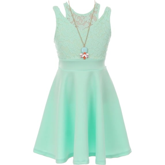 Big Girls' Sleeveless Floral Lace Cut Out Shoulder Holiday Party Flower Girl Dress Mint 8 (J21KS14)