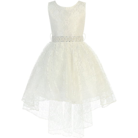 Big Girls' Sleeveless Floral Lace Rhinestone High low Party Flower Girl Dress Ivory Size 10 (J37K44)
