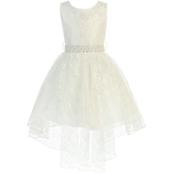 Big Girls' Sleeveless Floral Lace Rhinestone High low Party Flower Girl Dress Ivory Size 12 (J37K44)