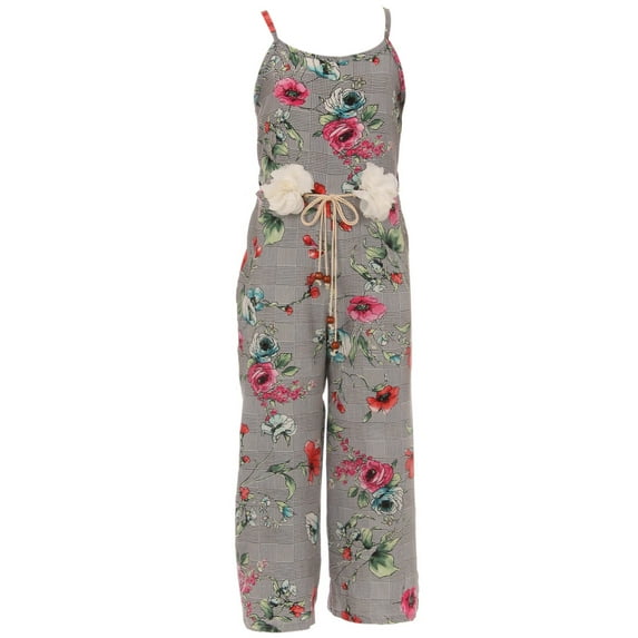 Big Girls Sleeveless Flower Floral Print Jumpsuit Handmaid Belt Jumpsuit Romper Coral 14 (2J1K2S7)