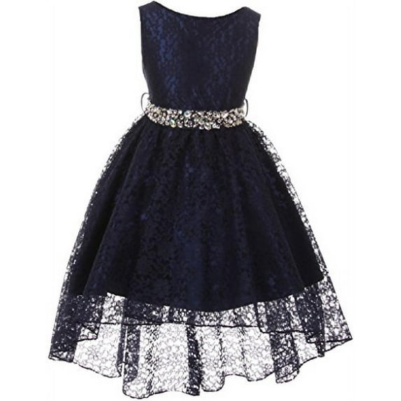 Big Girls' Sleeveless High Low Rhinestones Belt Pageant Flower Girl Dress Navy 18 (M3B6K0)