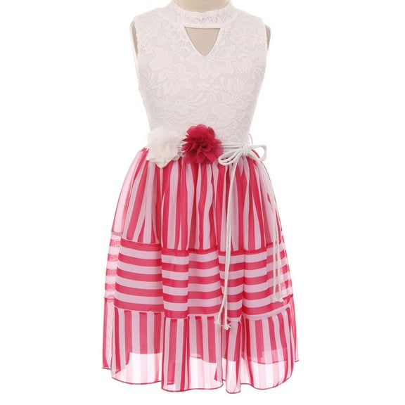 Big Girls Sleeveless Lace Bodice Stripe Chiffon Easter Flower Girl Dress USA Hot Pink 8 (2J1K1S1)