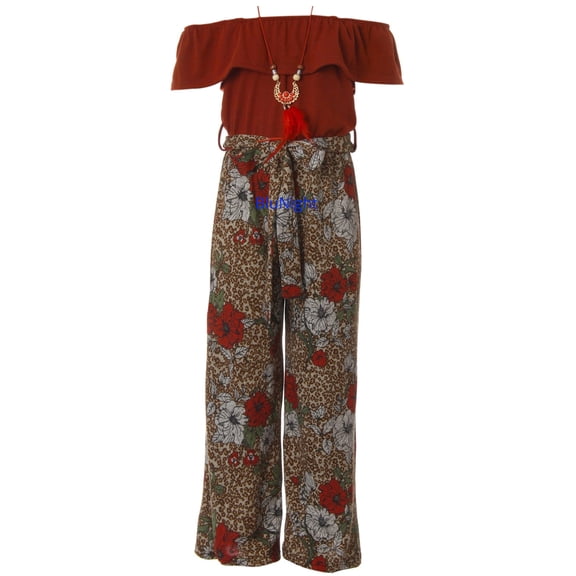 Big Girls Sleeveless Off Shoulder Jumpsuit Solid Floral Winter Romper Jumpsuit Burgundy 10 (2J1KS91)