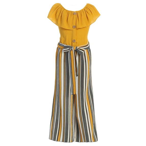 Big Girls Sleeveless Off Shoulder Ruffle Stripe Holiday Party Romper Jumpsuit Mustard 10 (2J1K7S1)