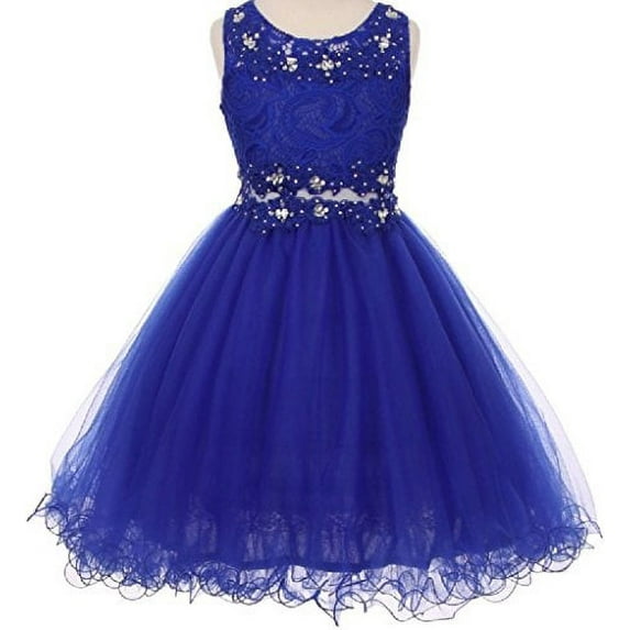 Big Girls' Sleeveless Rhinestone Lace Peekaboo Waist Pageant Flower Girl Dress Royal 12 (C50C10)