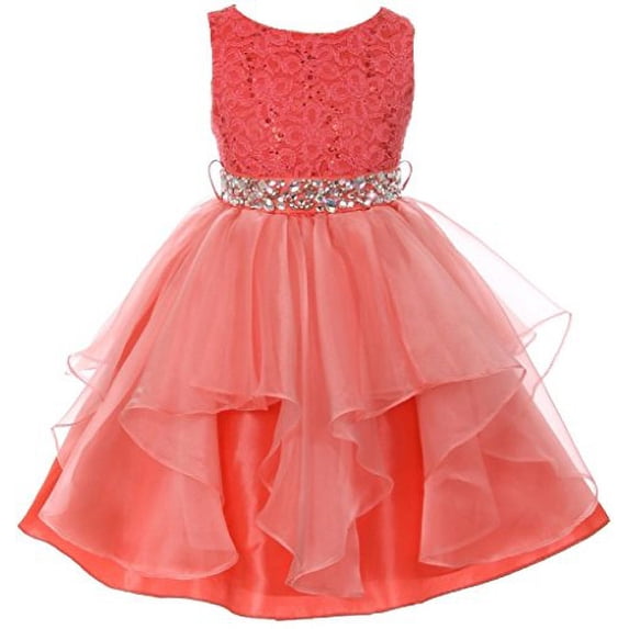 Big Girls' Sleeveless Shiny Sequined Rhinestones Beaded Pageant Flower Girl Dress Coral 12 (M3B5K7)