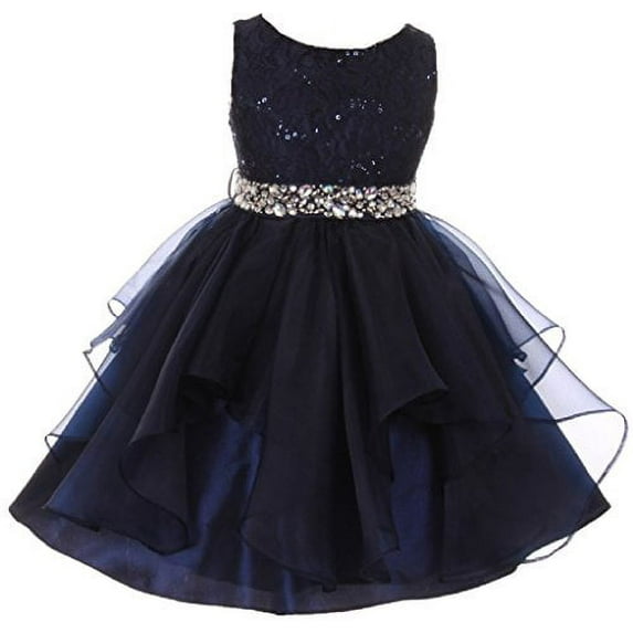 Big Girls' Sleeveless Shiny Sequined Rhinestones Beaded Pageant Flower Girl Dress Navy 14 (M3B5K7)