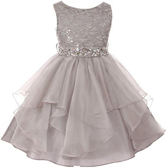 Big Girls' Sleeveless Shiny Sequined Rhinestones Beaded Pageant Flower Girl Dress Silver 10 (M3B5K7)