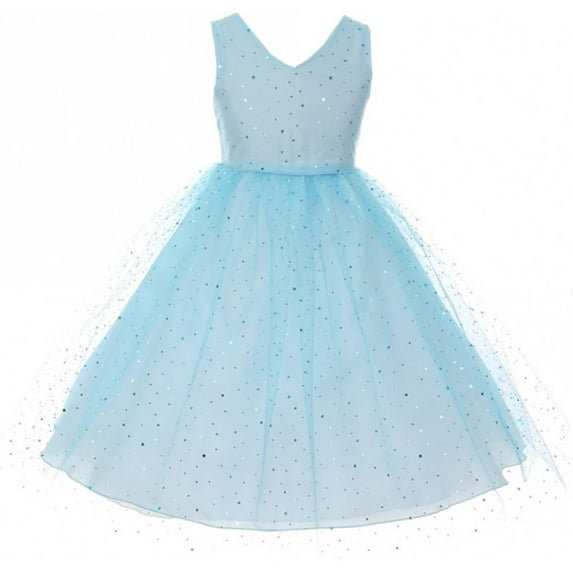 Big Girls' Sleeveless V Neck Glitter Polka Dot Mesh Princess Flower Girl Dress Aqua 8