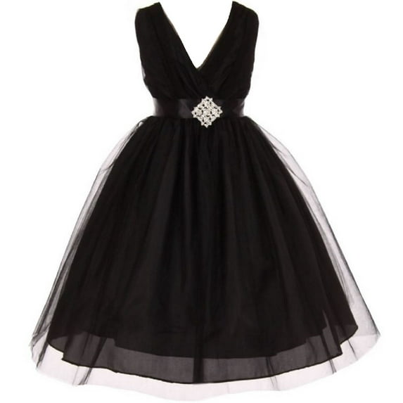 Big Girls' Sleeveless V Neck Tulle Rhinestone Party Birthday Flower Girl dress Black Size 10