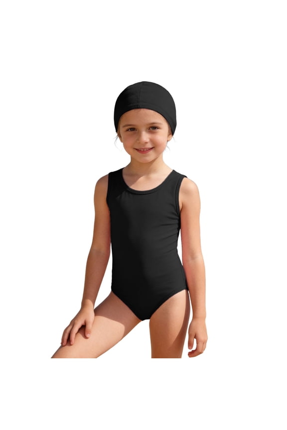 Big Girls Solid Color One Piece Swimsuit with Swim Cap 2-Piece Set Kids Classic Training Bathing Suit