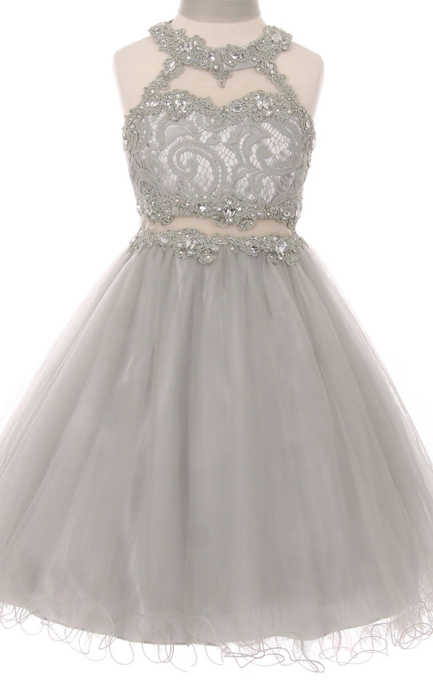Big Girls' Sparkle Rhinestones Halter Lace Junior Bridesmaid Pageant Flower  Girl Dress Silver 12 (C50C40C) - Walmart.com
