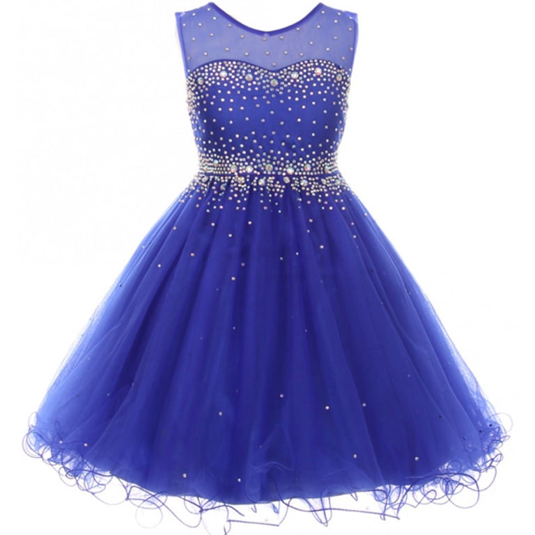 Big Girls' Sparkling Rhinestone Illusion Tulle Junior Bridesmaid Pageant  Flower Girl Dress Royal 16 (C50C29C) - Walmart.com