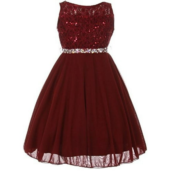 Big Girls' Sparkling Sequin Lace Double Chiffon Flowers Girls Dresses Burgundy 10 (C12CC12)