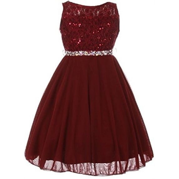Big Girls' Sparkling Sequin Lace Double Chiffon Flowers Girls Dresses Burgundy 18 (C12CC12)