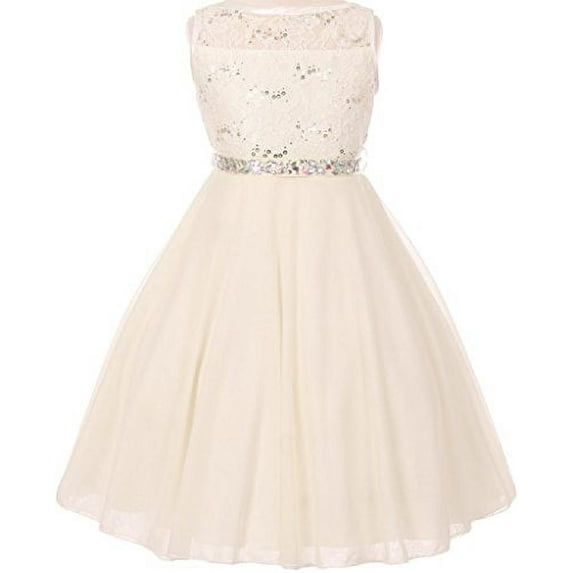 Big Girls' Sparkling Sequin Lace Double Chiffon Flowers Girls Dresses Ivory 10 (C12CC12)