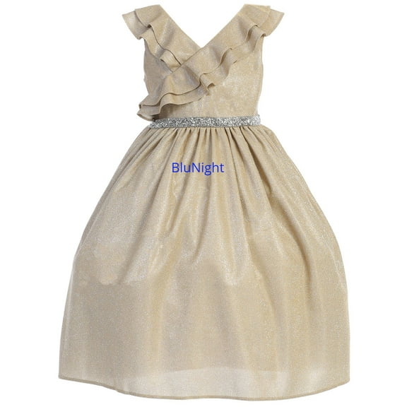 Big Girls Sparkly Ruffle Shiny Rhinestone Birthday Graduation Easter Flower Girl Dress Gold 16 (5KD04)