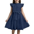 thumbnail image 1 of Big Girls Spring Dress Ruffle Sleeves Neck Chiffon Plain Children'S Elegant With Belt Hawaiian Dresses For Girls Size 120, 1 of 5