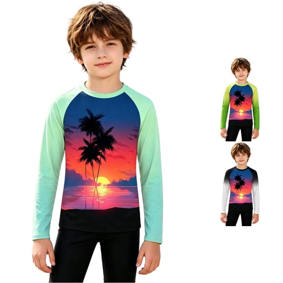Big Girls Summer Cute Tops Bright and Gradient Long Sleeve Swim Rash Guard Sun Print Top Size 9-10T , Bronze