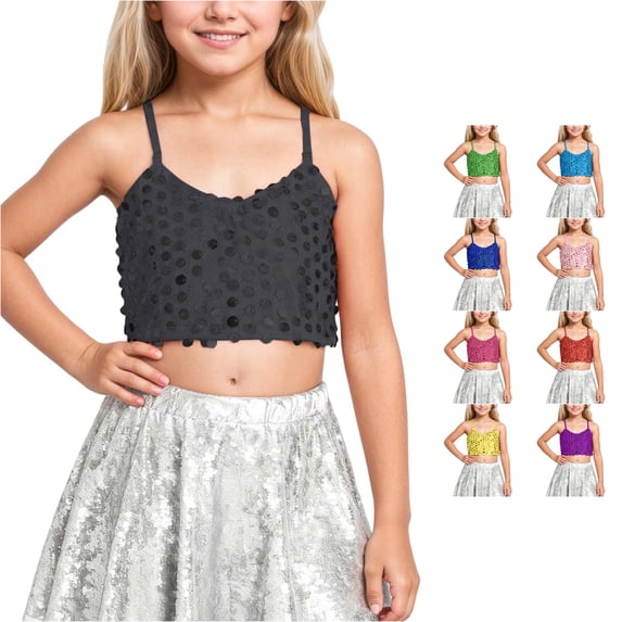 Big Girls Summer Cute Tops Carnival Adjustable Elastic Band Sequined Top Exposes The Navel Tops Tees Size 9-11T ,Black