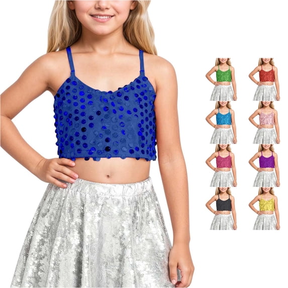 Big Girls Summer Cute Tops Carnival Adjustable Elastic Band Sequined Top Exposes The Navel Tops Tees Size Over 11T ,Blue