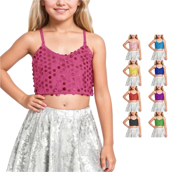 Big Girls Summer Cute Tops Carnival Adjustable Elastic Band Sequined Top Exposes The Navel Tops Tees Size Over 11T ,Pink