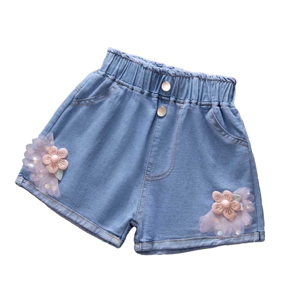 Big Girls' Summer Denim Shorts With Buttefly Floral Embroidery Casual Fashion for Kids Size 9-10T