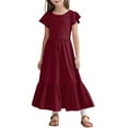 thumbnail image 1 of Big Girls Summer Dresses Pleated Short Sleeve Round Neck Loose Casual Flowy Layered Extra Long With Pockets Flower Girl Dresses Size 12-13T, 1 of 6
