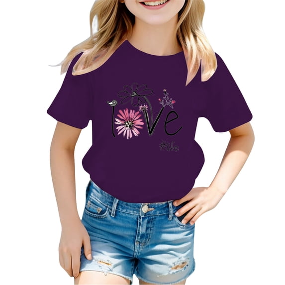 Big Girls Summer T Shirts Tops Summer Fashion Short Sleeve Pattern Print Tee Shirts Casualcrew Neck Loose Fit Basic Tees Size 13-14T