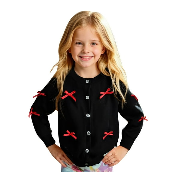 Big Girls Sweaters Soft Knit Cardigan With Bow Detail Lightweight Open Front Cover Up Clothing Black Size 9-10T