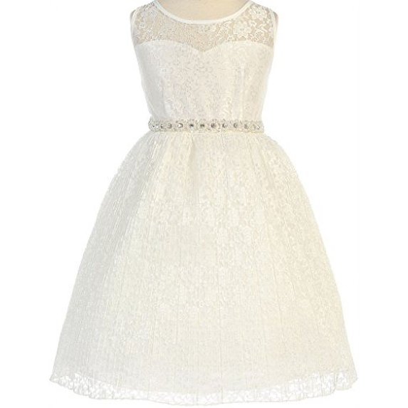 Big Girls' Sweetheart Illusion Top Lace Flowers Girls Dresses Ivory 16 (J36K25)