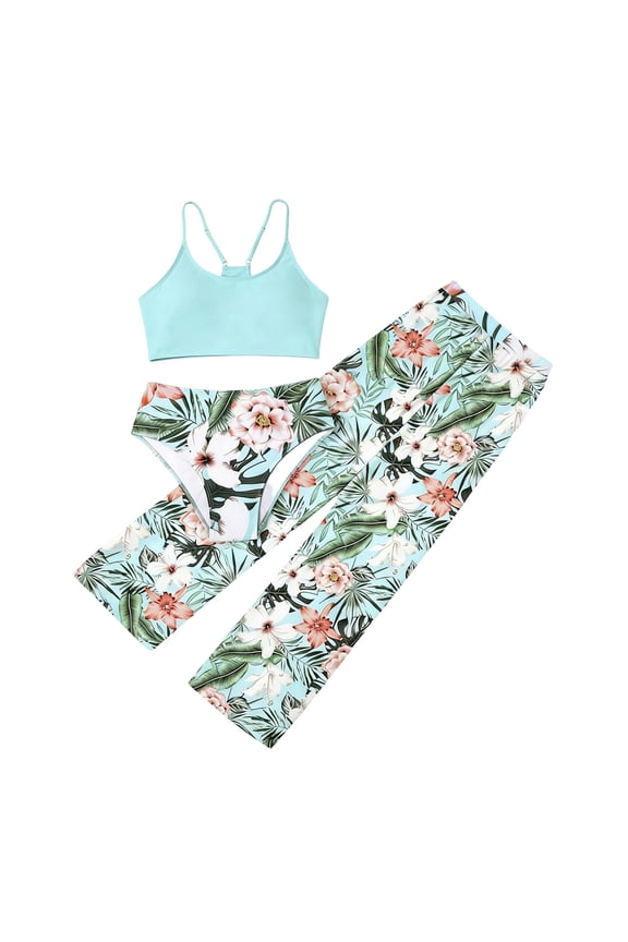 Big Girls Swimsuit Floral print 3 Piece set bikini set Bathing Suit Graphic Sleeveless with sarong cover ups pants For Beach Pool Seaside,Light Green,Age 10-11 Years