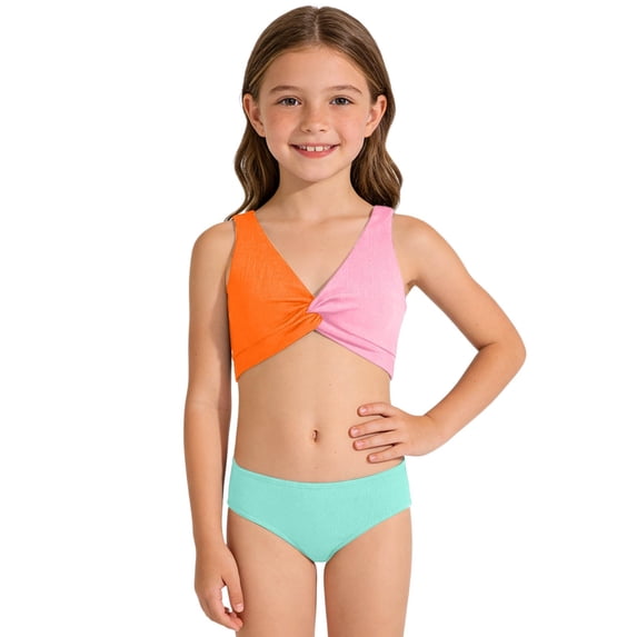 Big Girls Swimsuit print Two Piece bikini set Bathing Suit solid color Sleeveless with briefs For Beach Pool Surfing,Green,Age 12-13 Years
