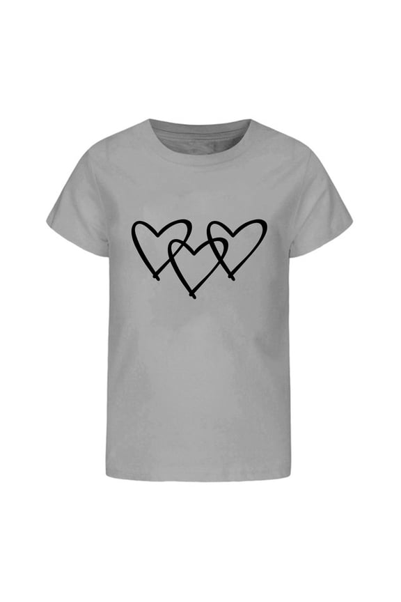 Big Girls T Shirts Round Neck Short Sleeved Cozy Heart Printed Cartoon Embroidery Loose Loose Fitting Tops For Girl Size 10-11T