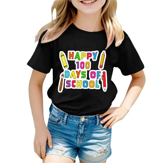 Big Girls T-Shirts Summer 100 Days Of School Breathable Cartoon Print T Shirt Happy 100Th Day Pullover Top Black Athletic Performance Shirts 12-13T